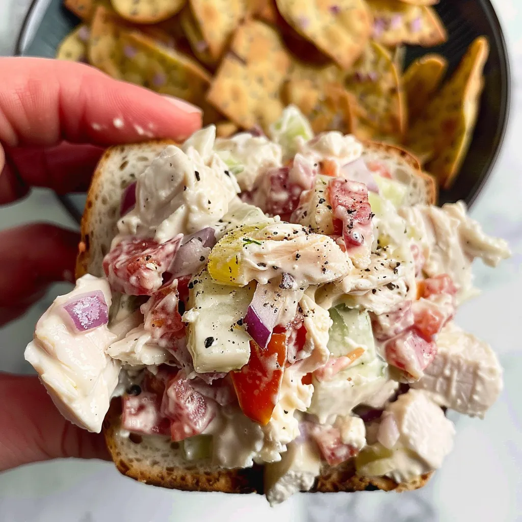 A person holding a sandwich with chicken and vegetables.