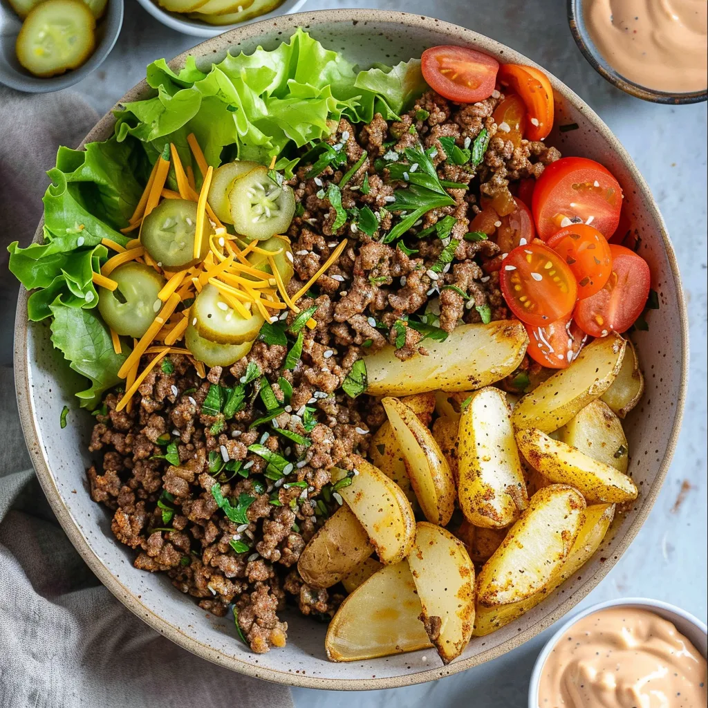 A bowl of food with potatoes, tomatoes, lettuce, and meat.