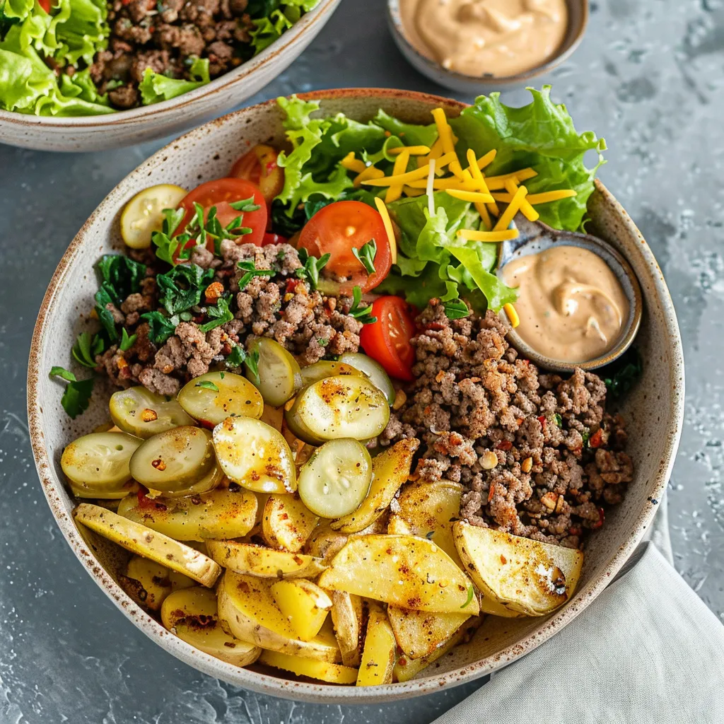 A bowl of food with a salad and meat.