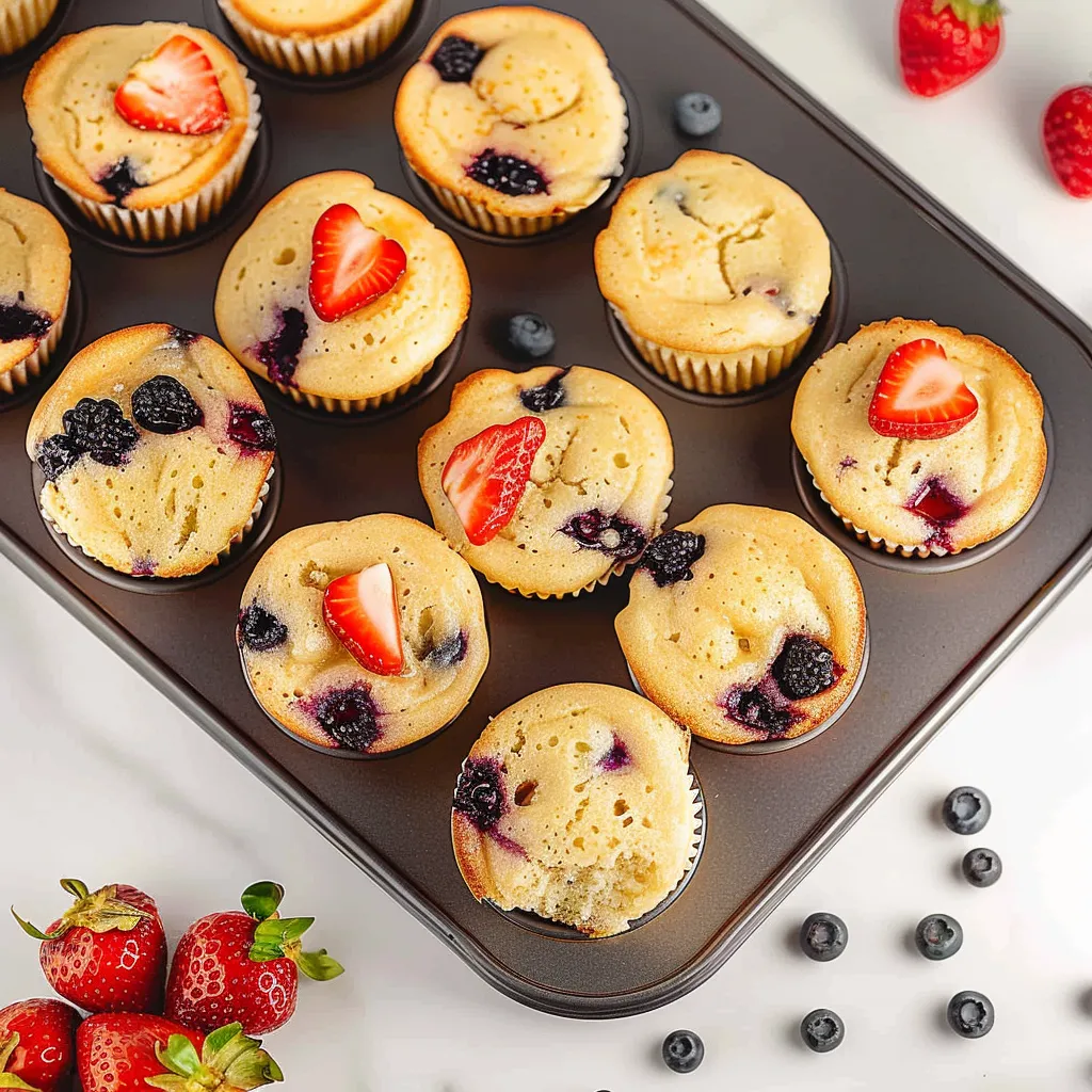 A tray of muffins with strawberries and blueberries.