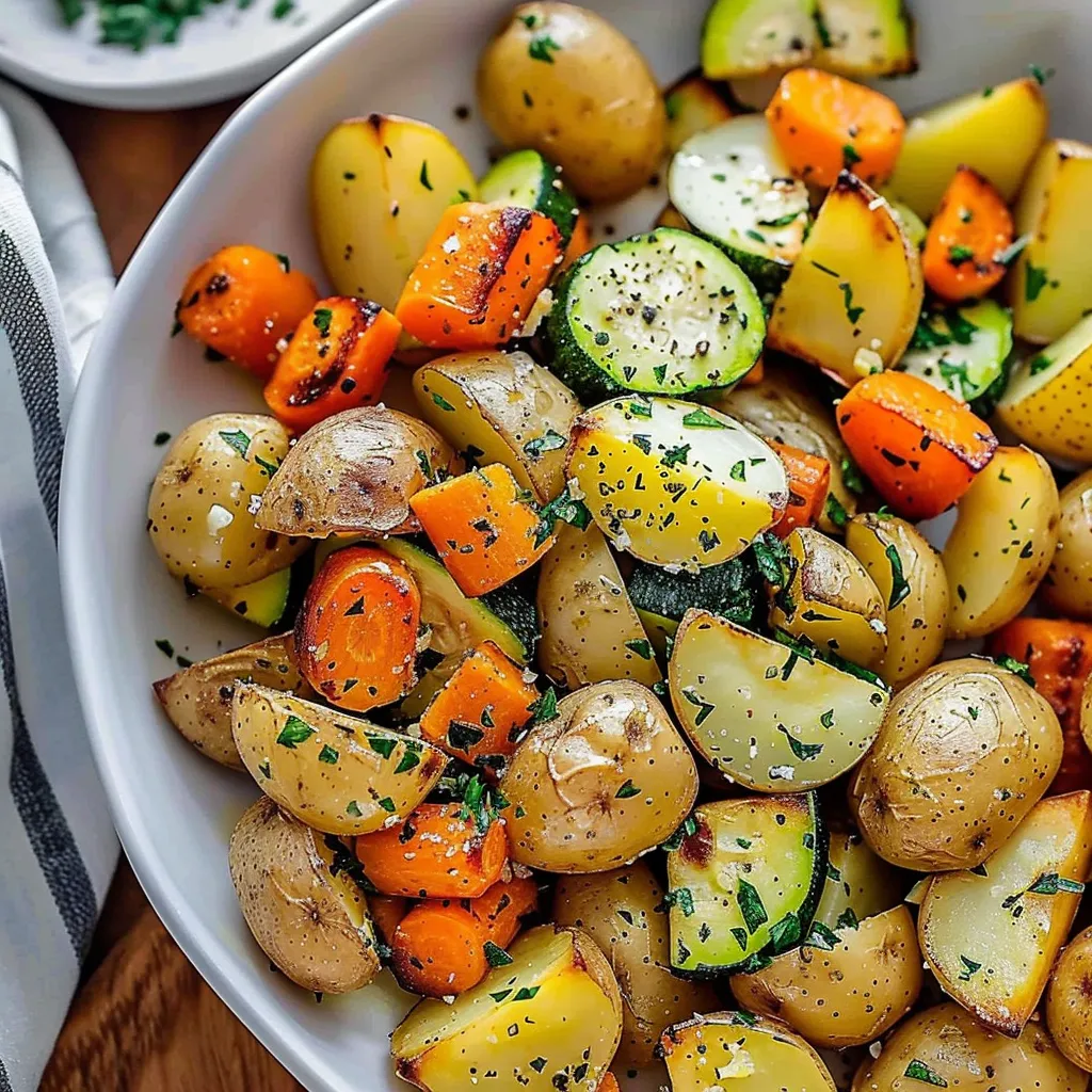A bowl of vegetables including potatoes, carrots, and zucchini.