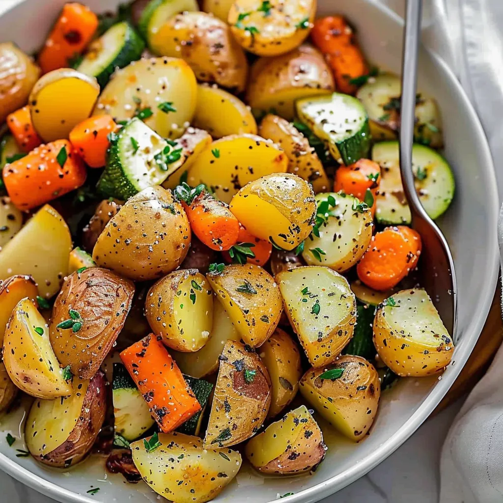 A bowl of vegetables including carrots, potatoes, and zucchini.