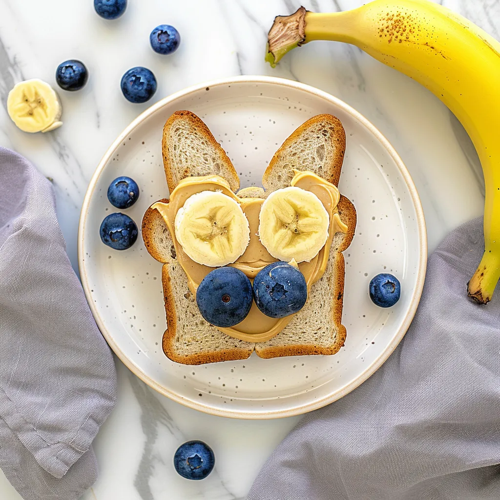 A banana sandwich with blueberries and peanut butter.