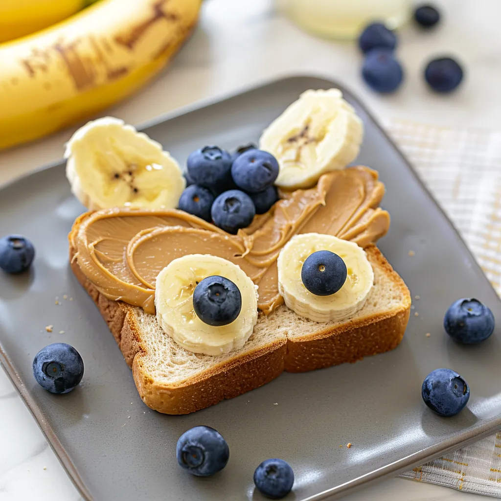 A slice of bread with bananas and blueberries on it.