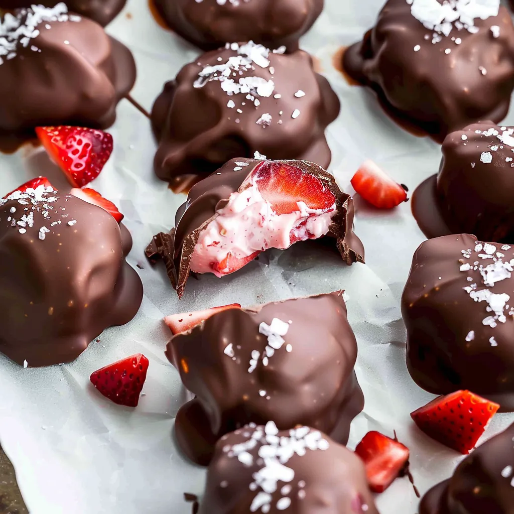 A chocolate dessert with a strawberry in the middle.