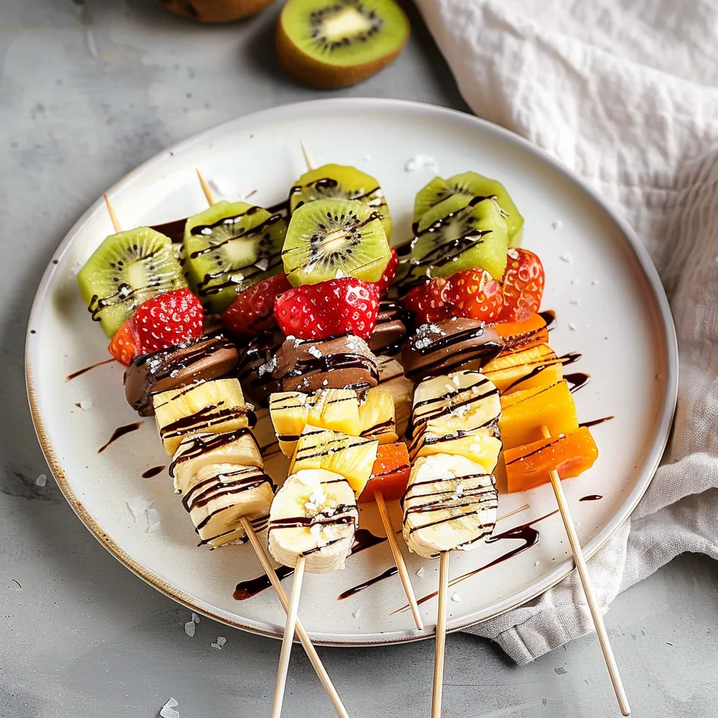 A plate of fruit skewers with chocolate drizzle.