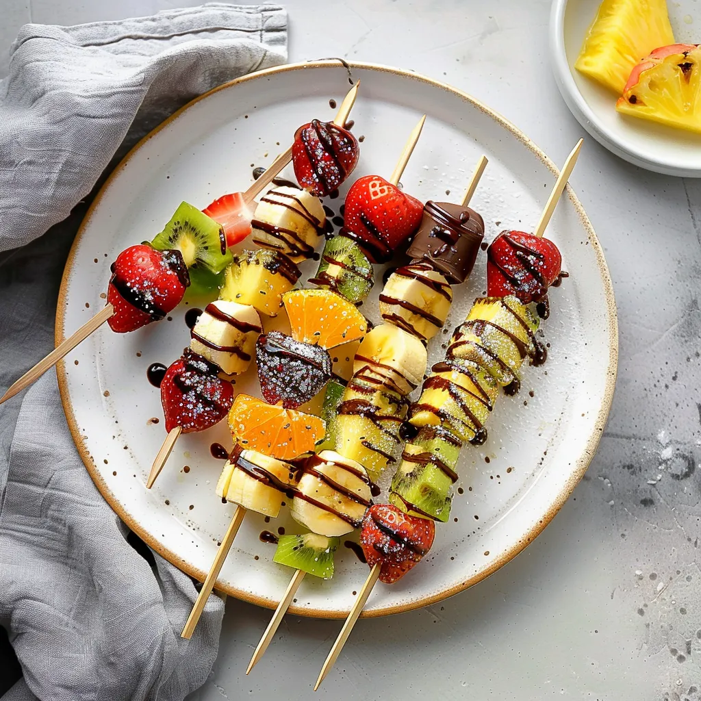 A plate of fruit skewers with chocolate drizzled on top.