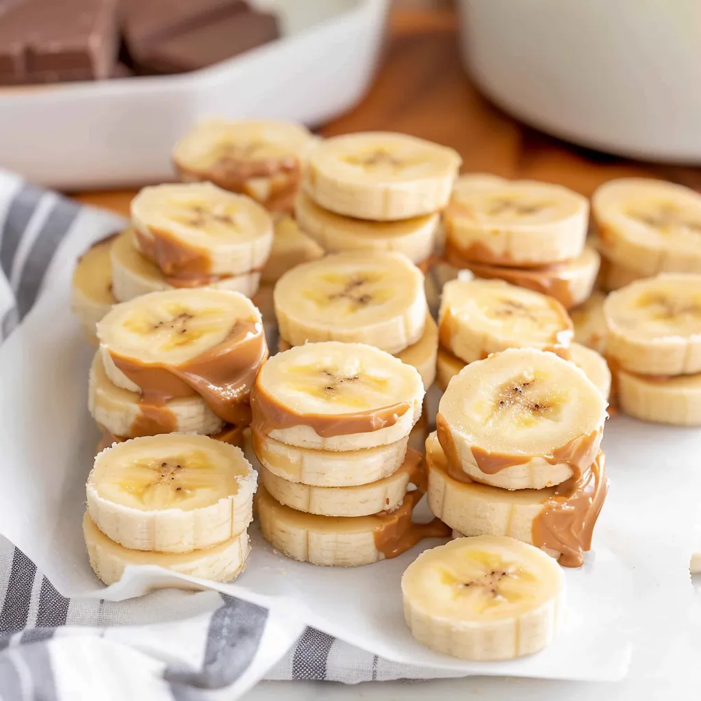 Bananas with peanut butter on a plate.