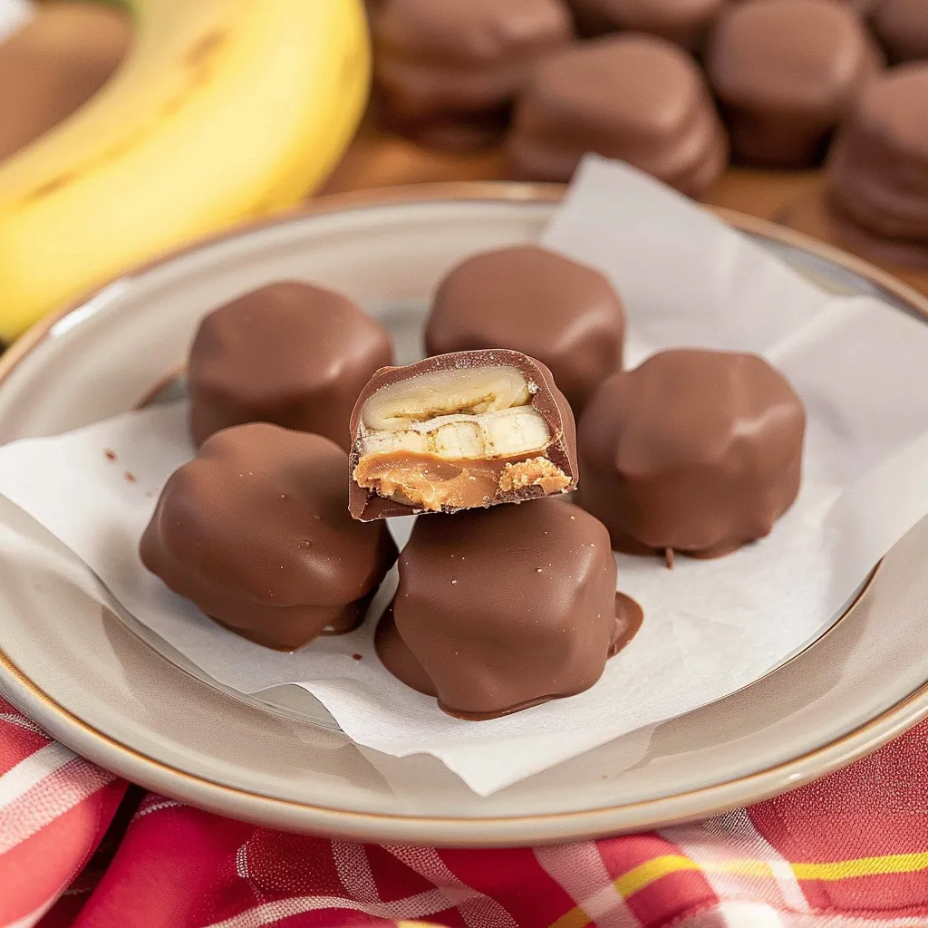 A plate of chocolate candies with a banana in the background.