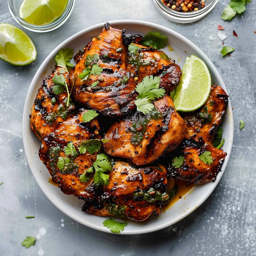 A plate of grilled chicken with lime wedges and cilantro.