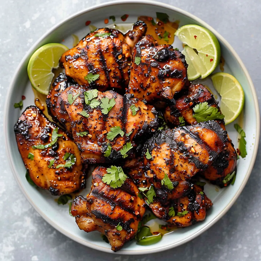 A plate of grilled chicken with lime wedges.