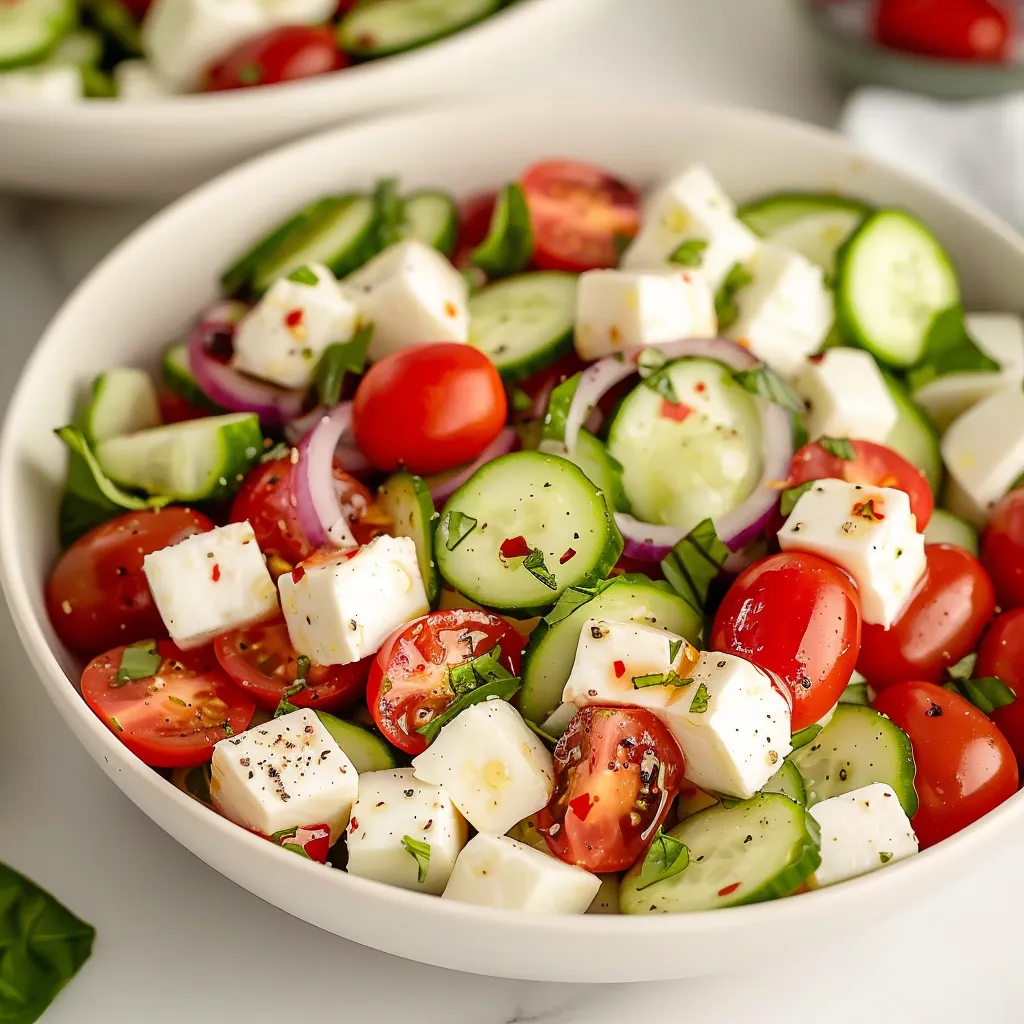 A bowl of salad with tomatoes, cucumbers, and feta cheese.