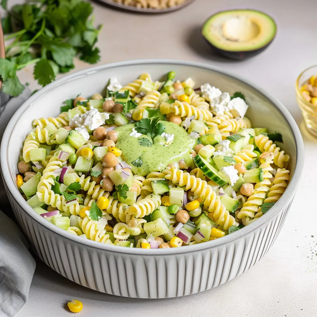 A bowl of pasta salad with avocado and cucumber.