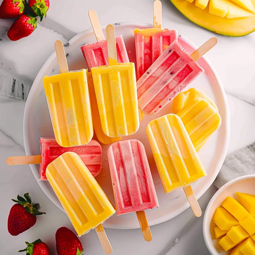 A plate of popsicles with strawberries and mangoes.