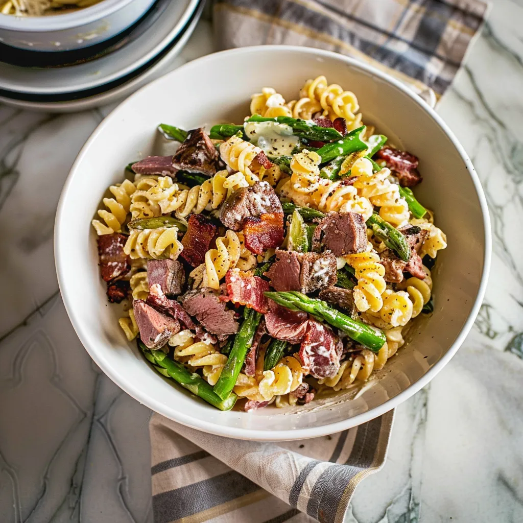 A bowl of pasta with meat and vegetables.