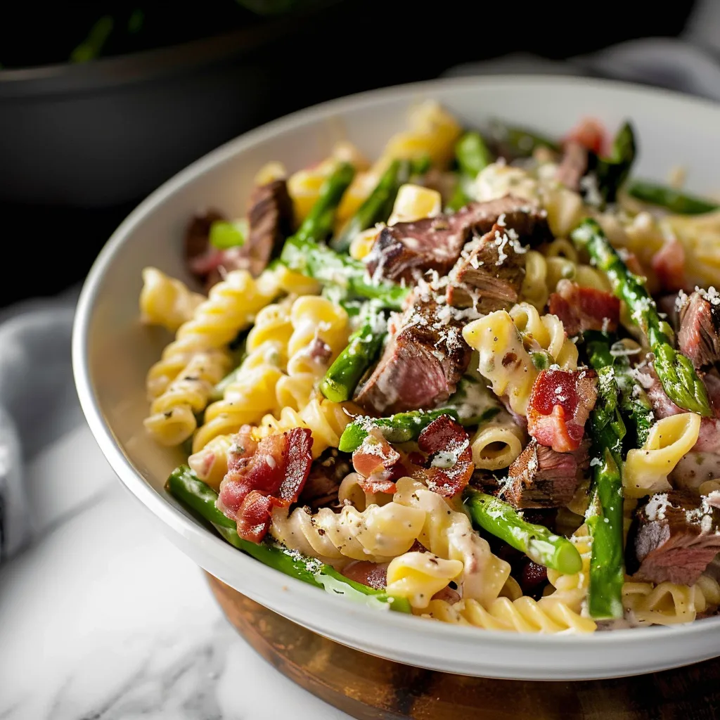 A bowl of pasta with meat and green beans.