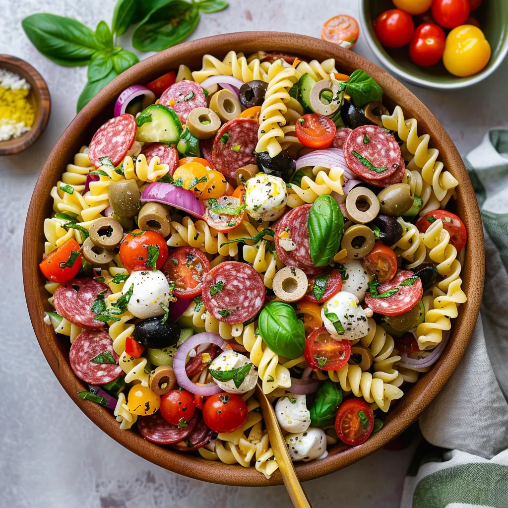 A bowl of pasta with tomatoes, olives, and meat.