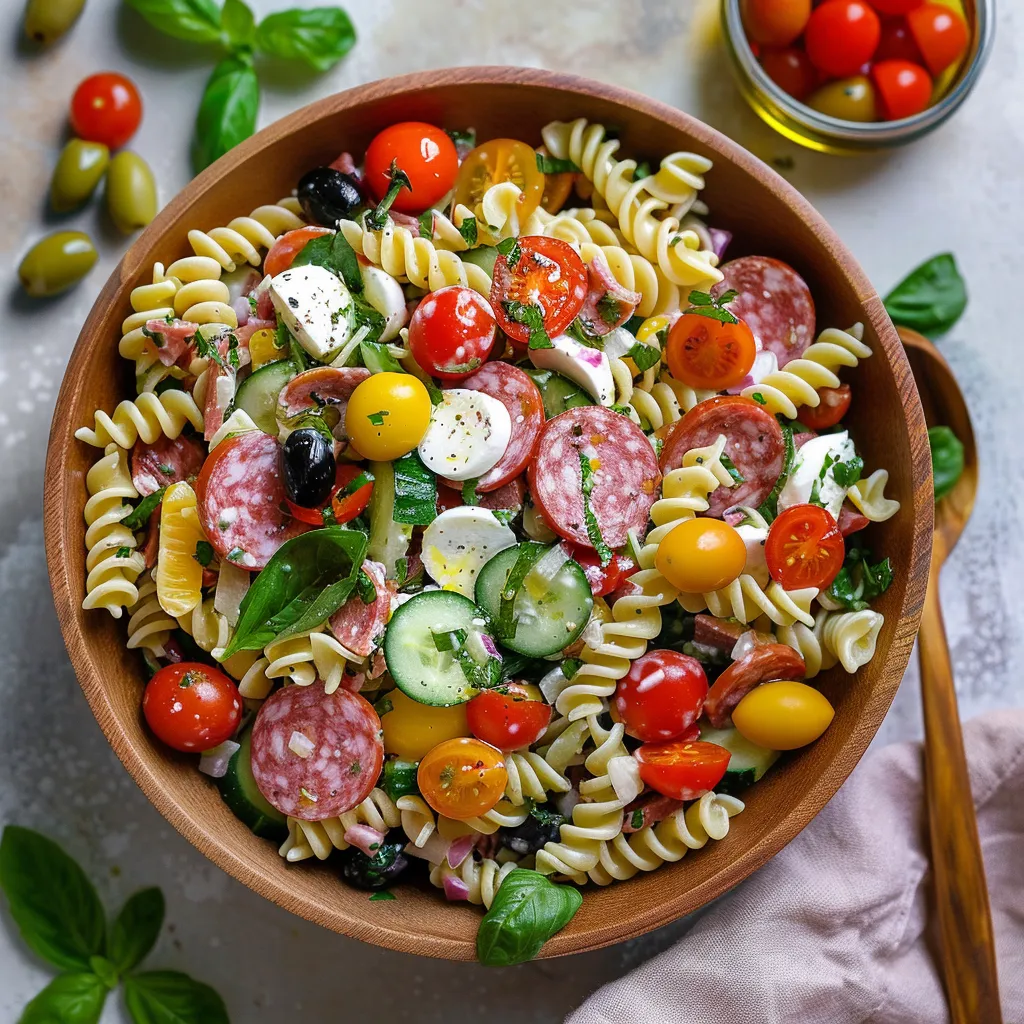 A bowl of pasta salad with tomatoes, cucumbers, olives, and meatballs.