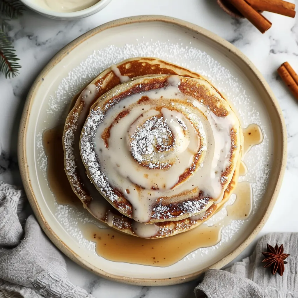 A plate of pancakes with syrup and powdered sugar.