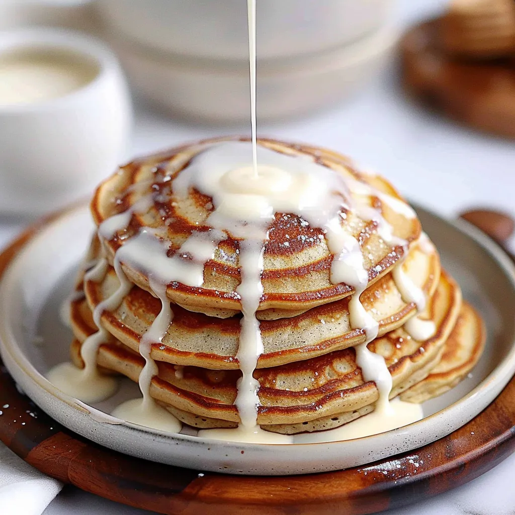 A stack of pancakes with syrup drizzled on top.