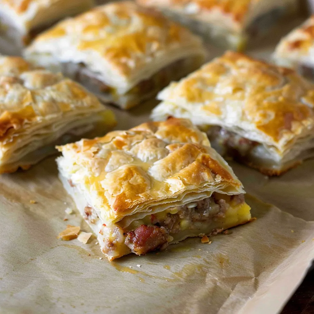 A tray of food with a pastry and meat.