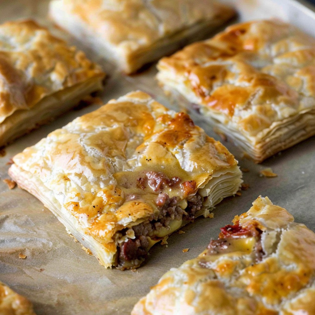 A tray of food with a pastry and meat.