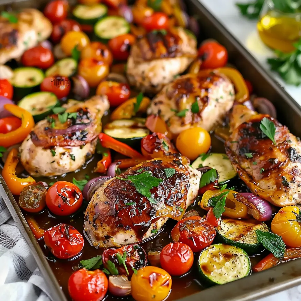 A pan of chicken and vegetables.