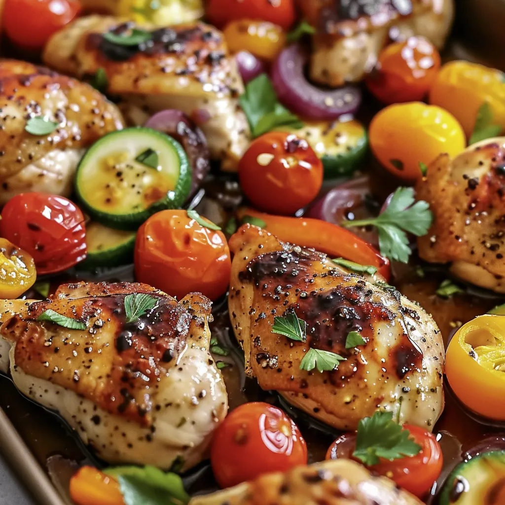 A pan of chicken and vegetables.