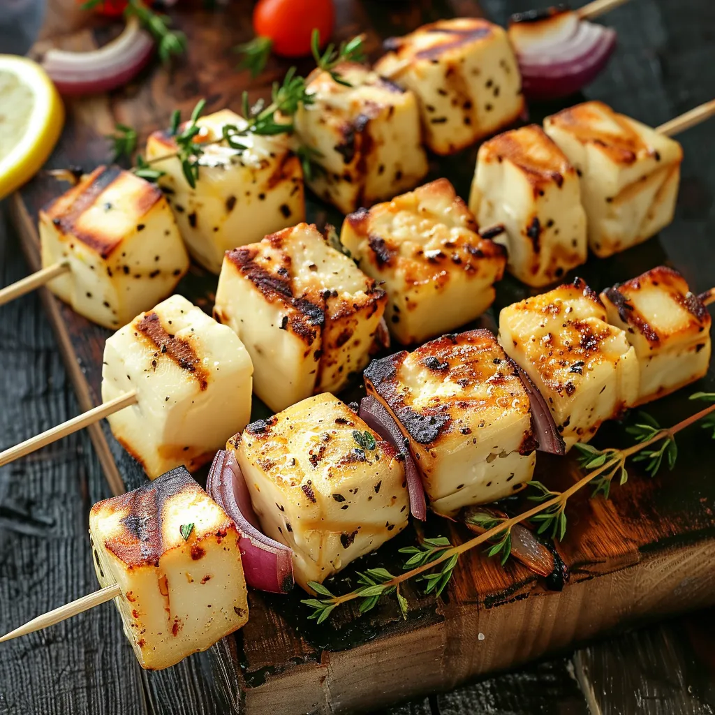 A wooden board with grilled vegetables and herbs.