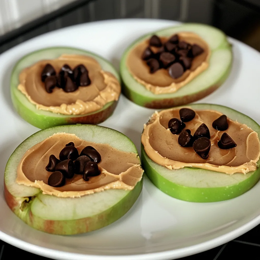 A plate of sliced apples with peanut butter and chocolate chips.