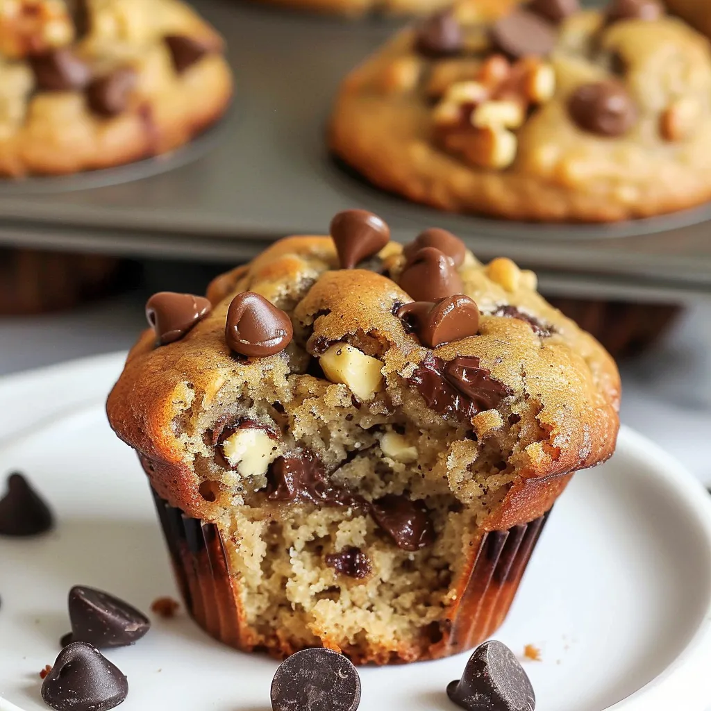 A chocolate chip muffin with a bite taken out of it.