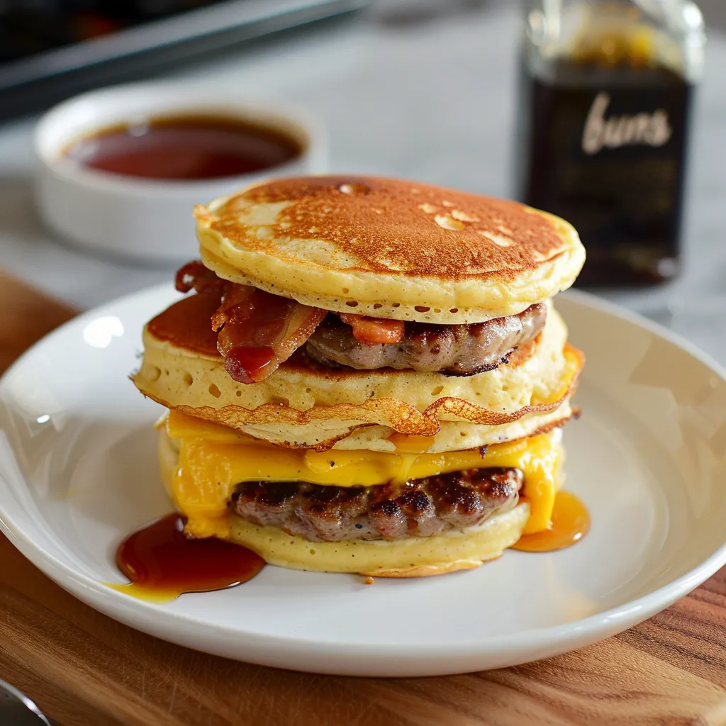 A stack of pancakes with bacon and cheese.