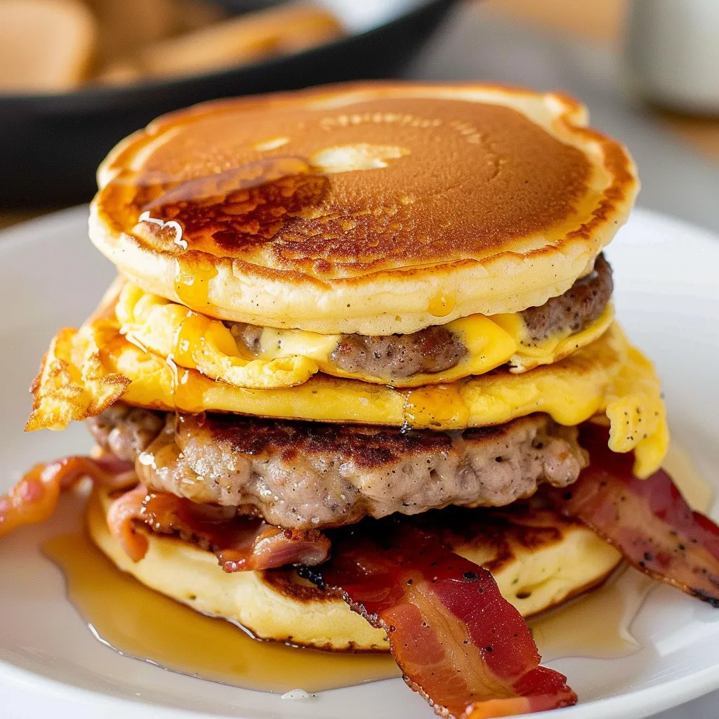 A stack of pancakes with bacon on top.