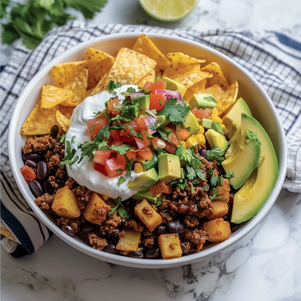 A bowl of food with chips, guacamole, and salsa.