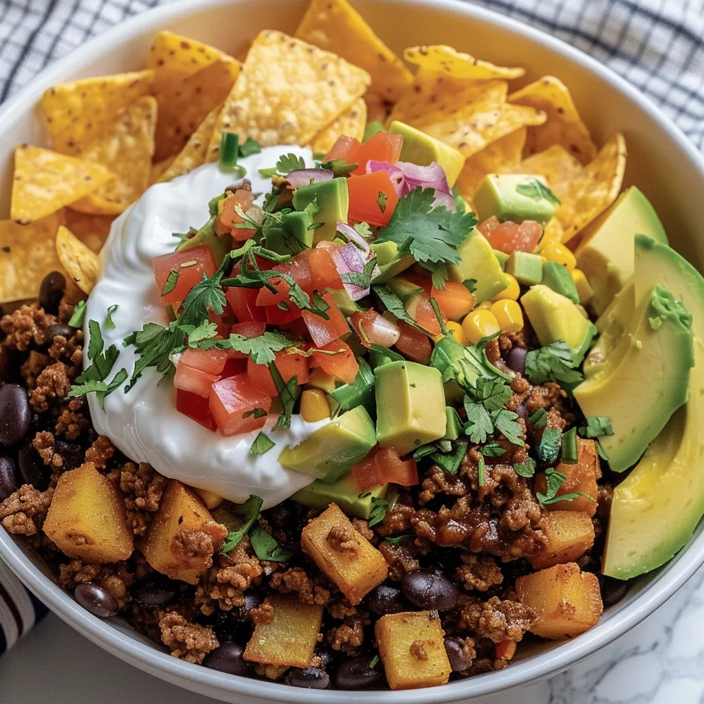 A bowl of food with chips, salsa, and guacamole.