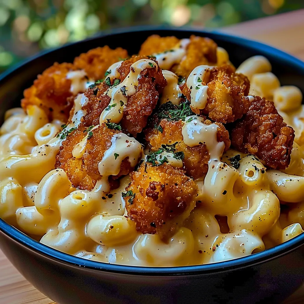 A bowl of macaroni and cheese with chicken.