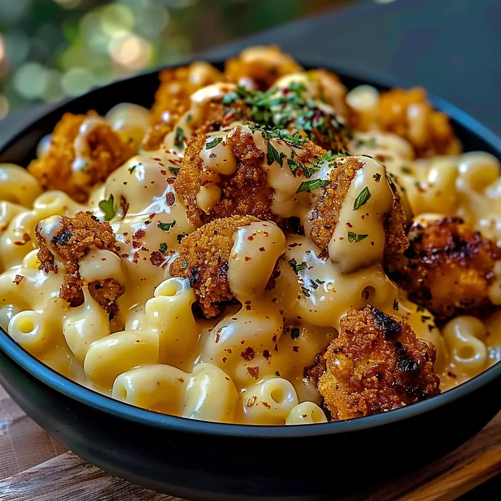 A bowl of macaroni and cheese with chicken.