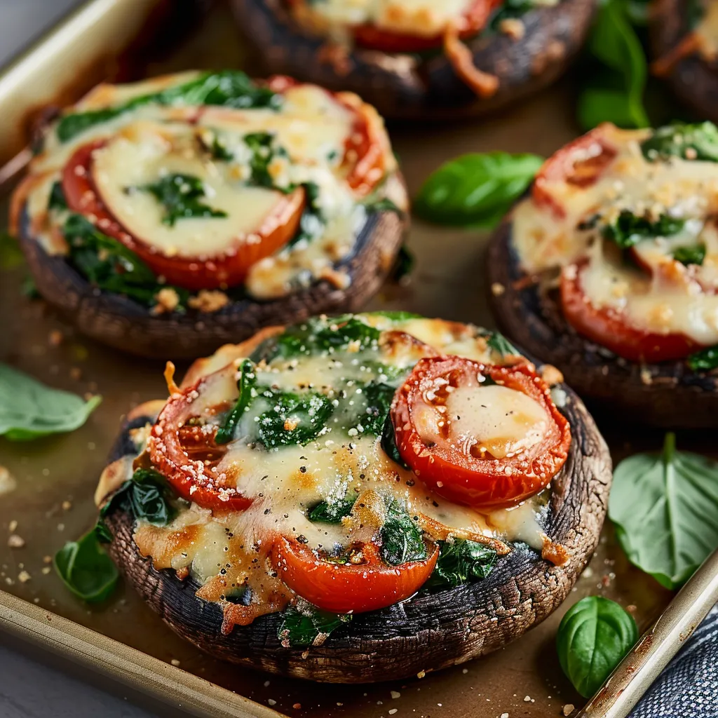 A tray of mushrooms with tomatoes and spinach.