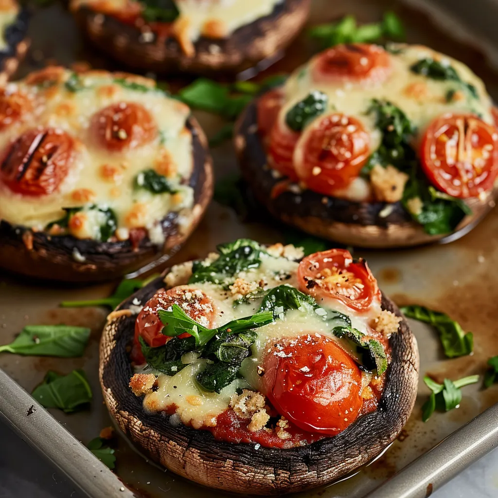 A pan of mushrooms with tomatoes and spinach.