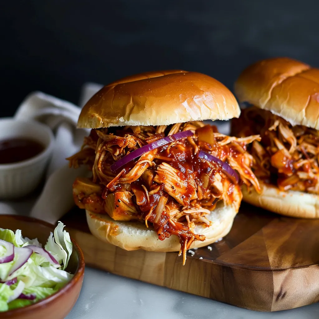 Two sandwiches with barbecue sauce on a wooden cutting board.