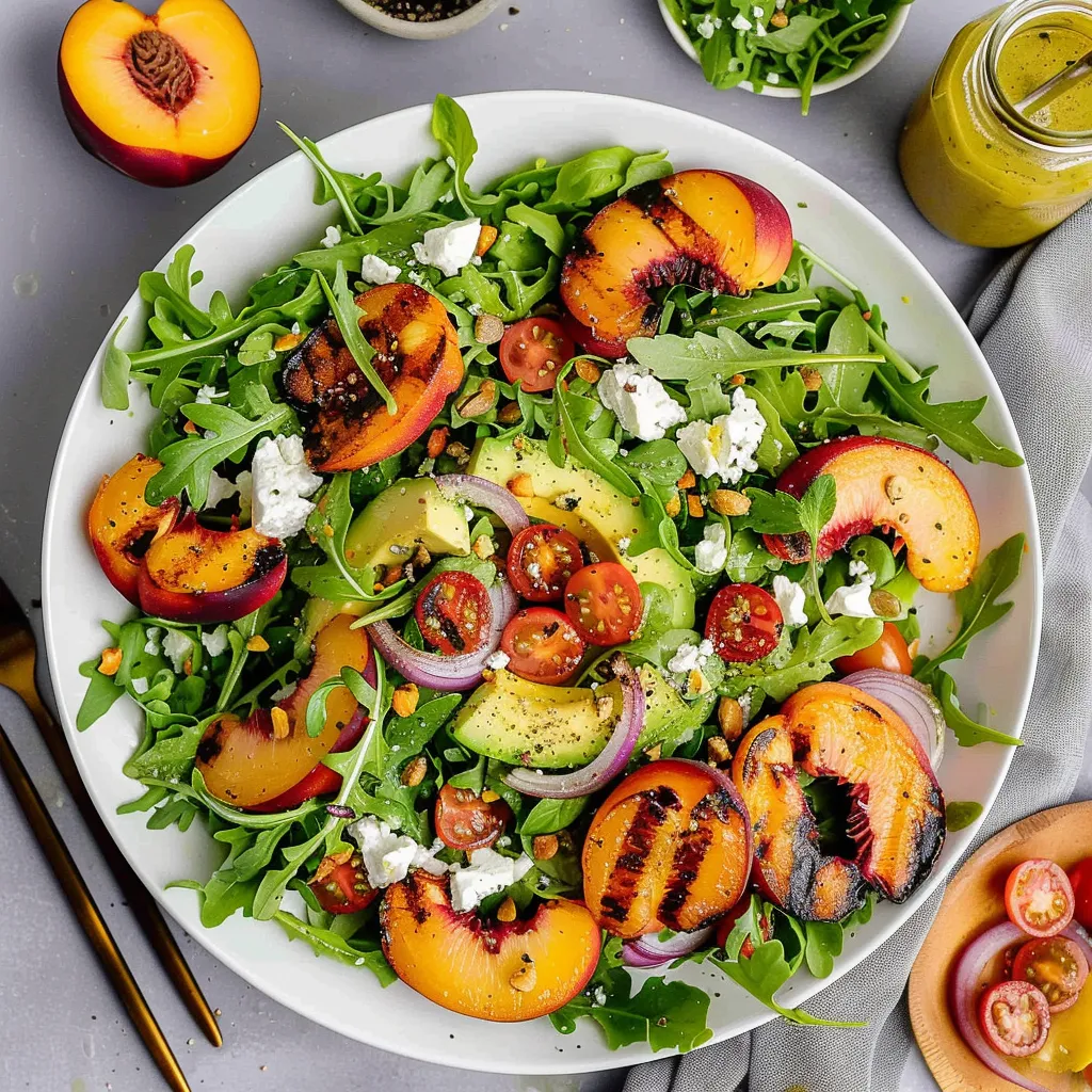 A plate of food with a salad and peaches.