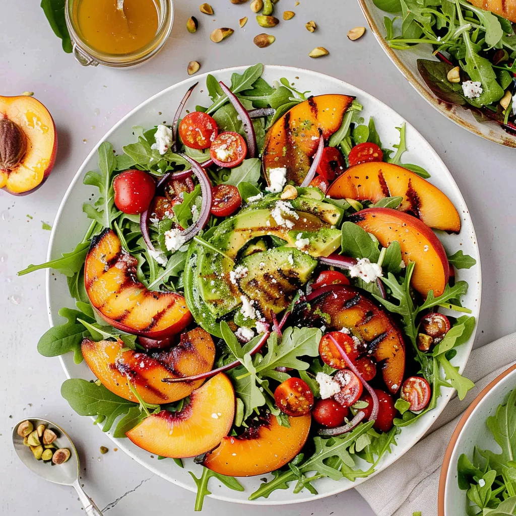 A plate of salad with peaches, tomatoes, and lettuce.