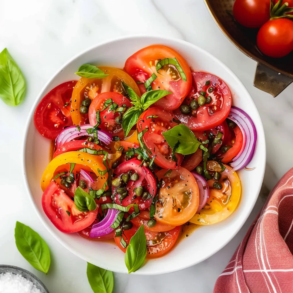 A bowl of sliced tomatoes with basil.