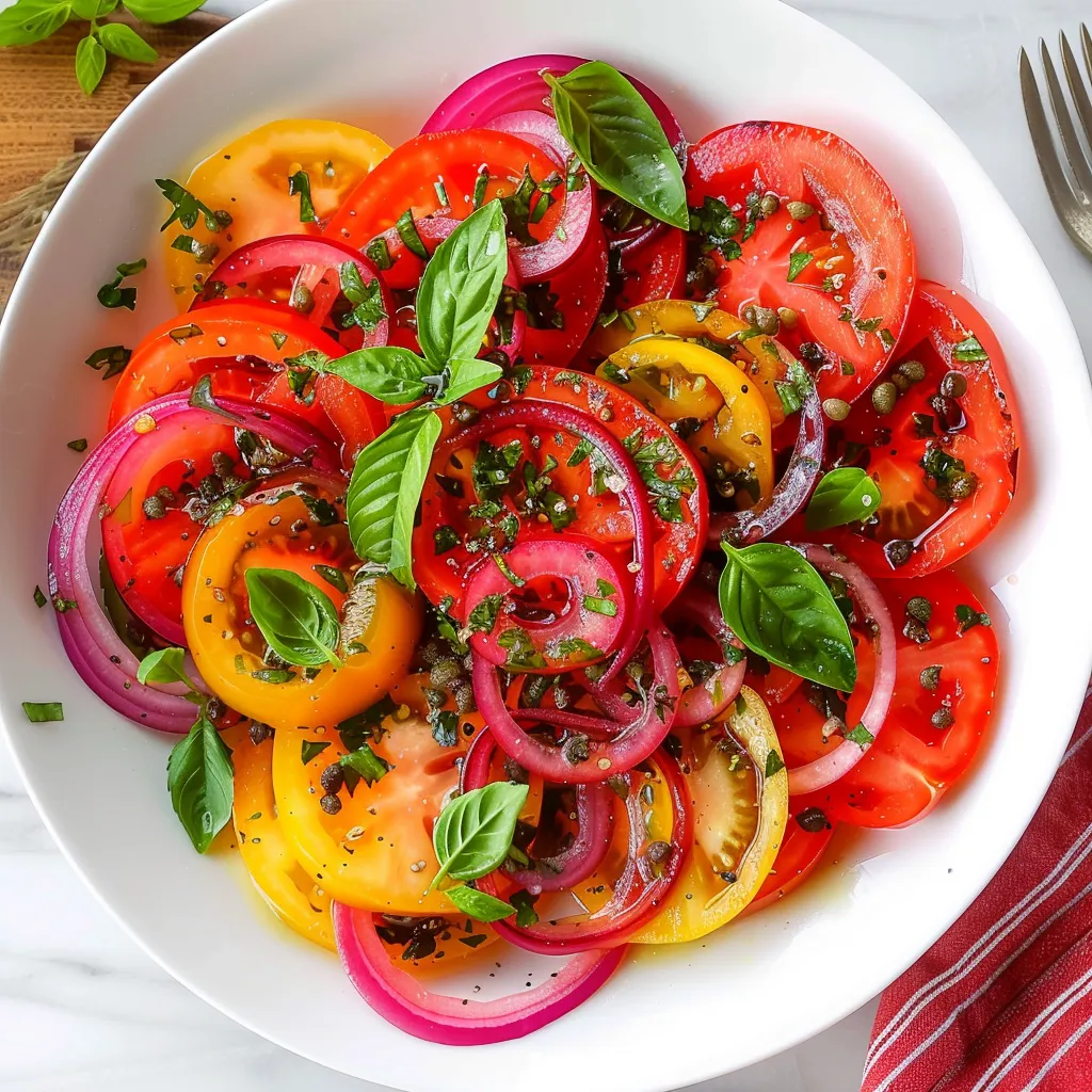 A white bowl filled with sliced tomatoes and basil.