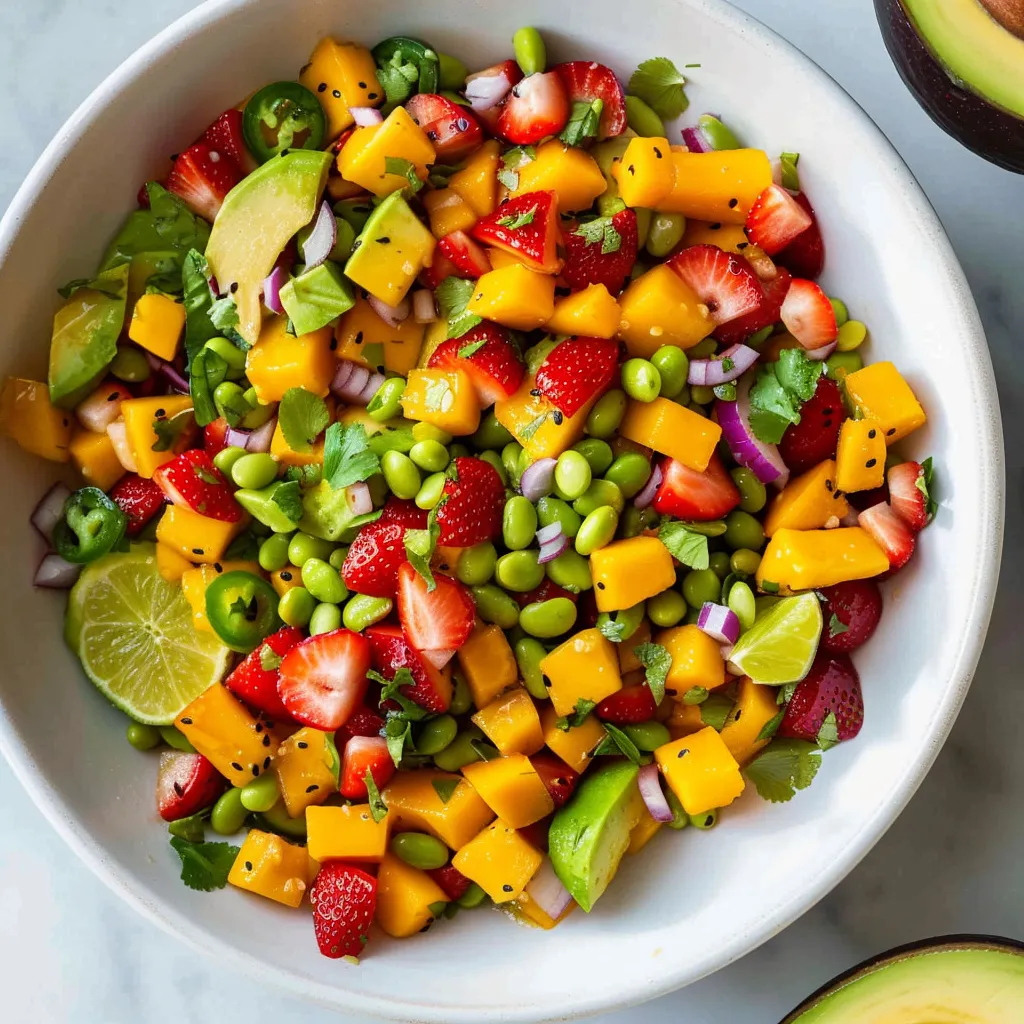 A bowl of fruit with strawberries, limes, and avocados.