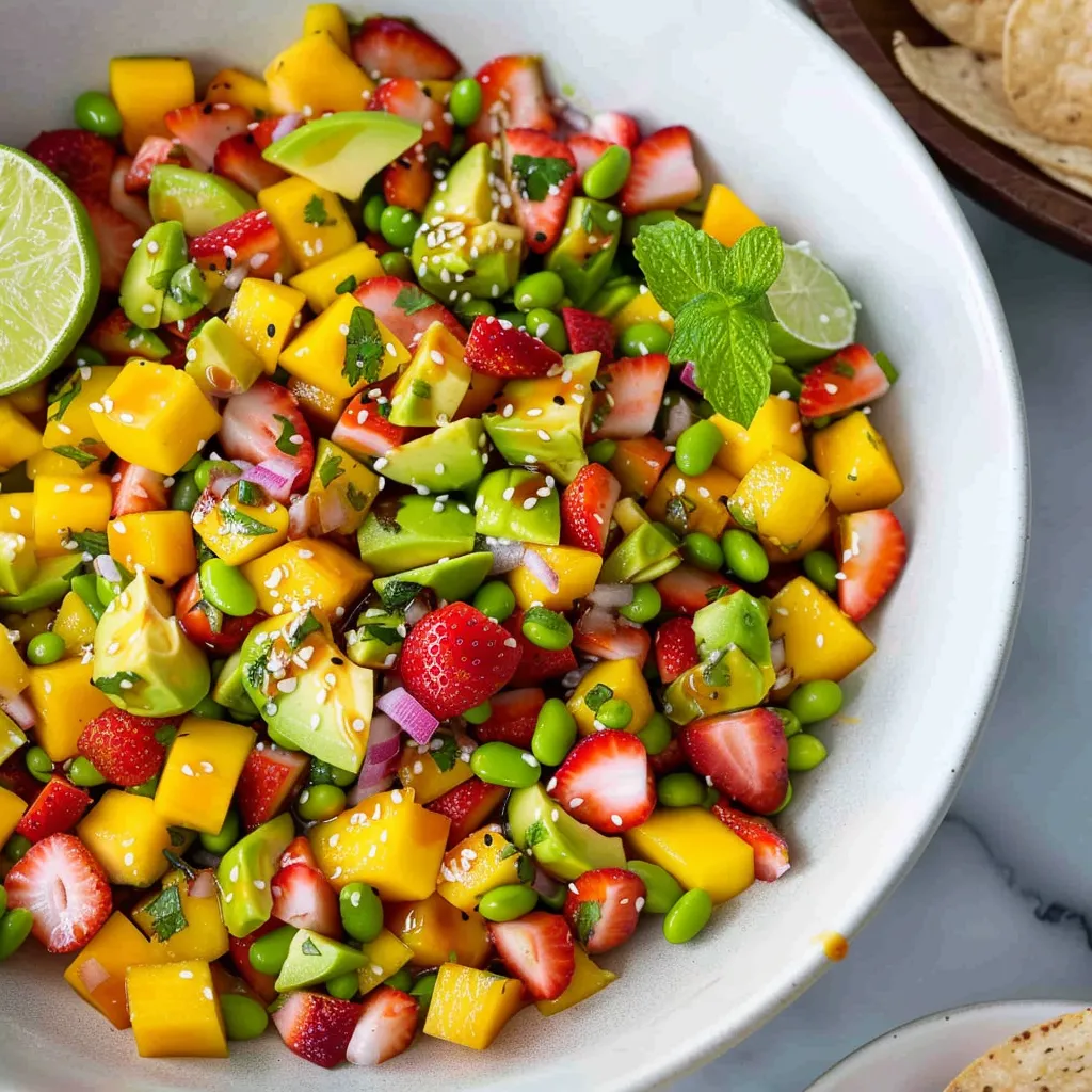 A bowl of fruit salad with strawberries, mango, and avocado.