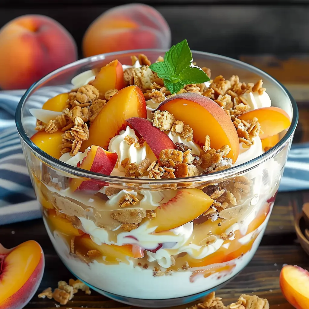 A glass bowl filled with peaches, yogurt, and granola.