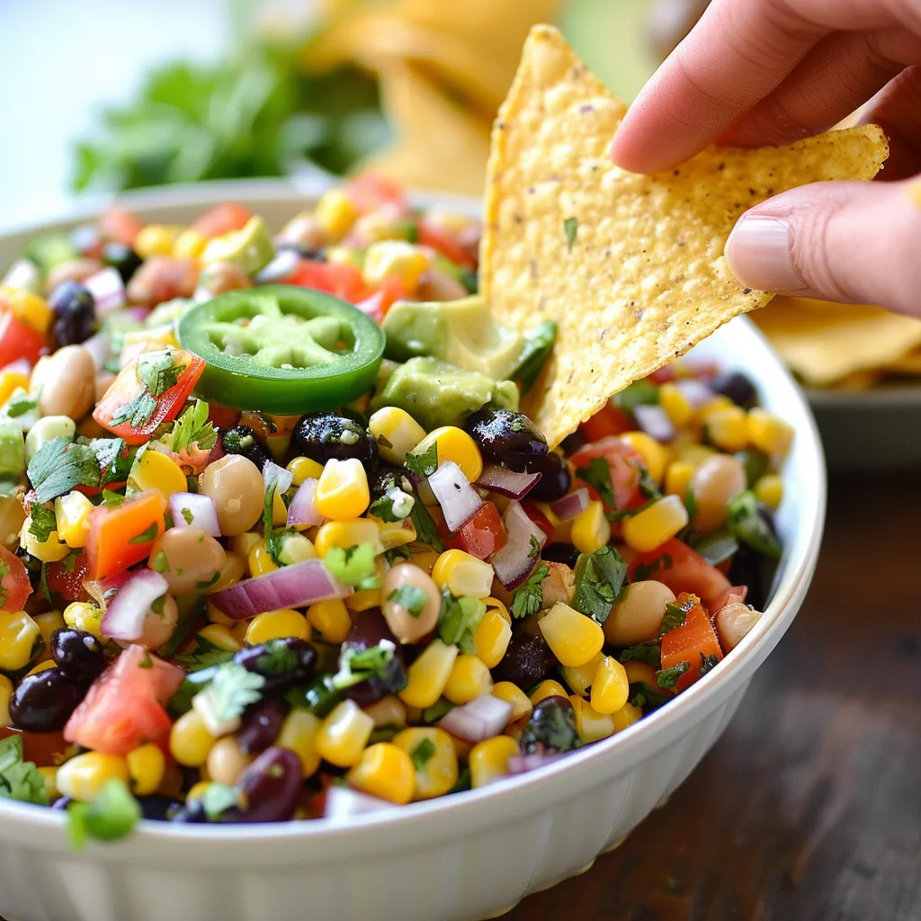 A person is grabbing a tortilla chip from a bowl of food.