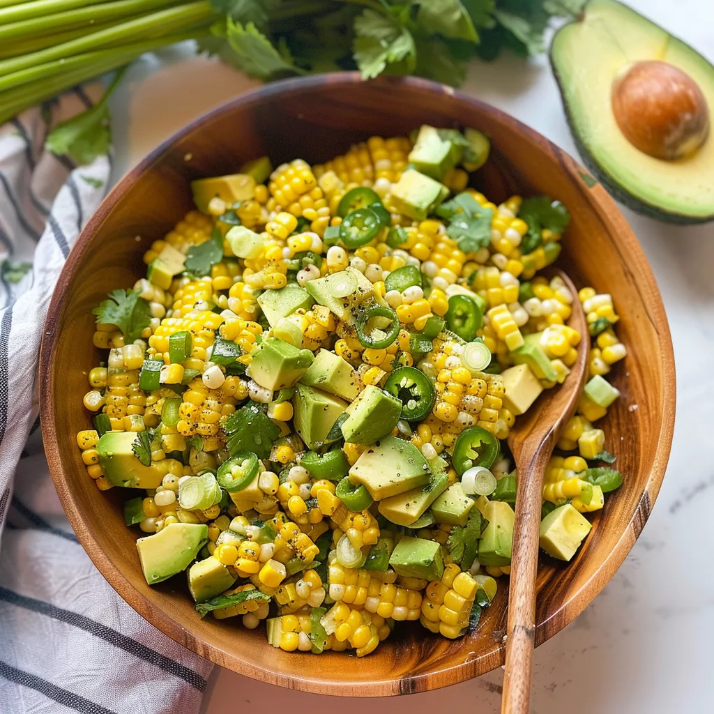 A bowl of corn and avocado salad.