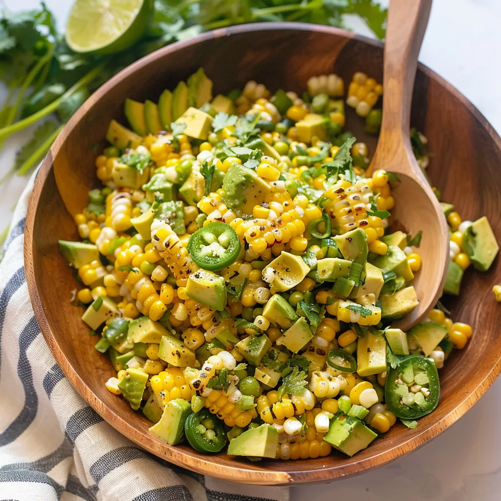 A wooden bowl filled with corn and avocado.